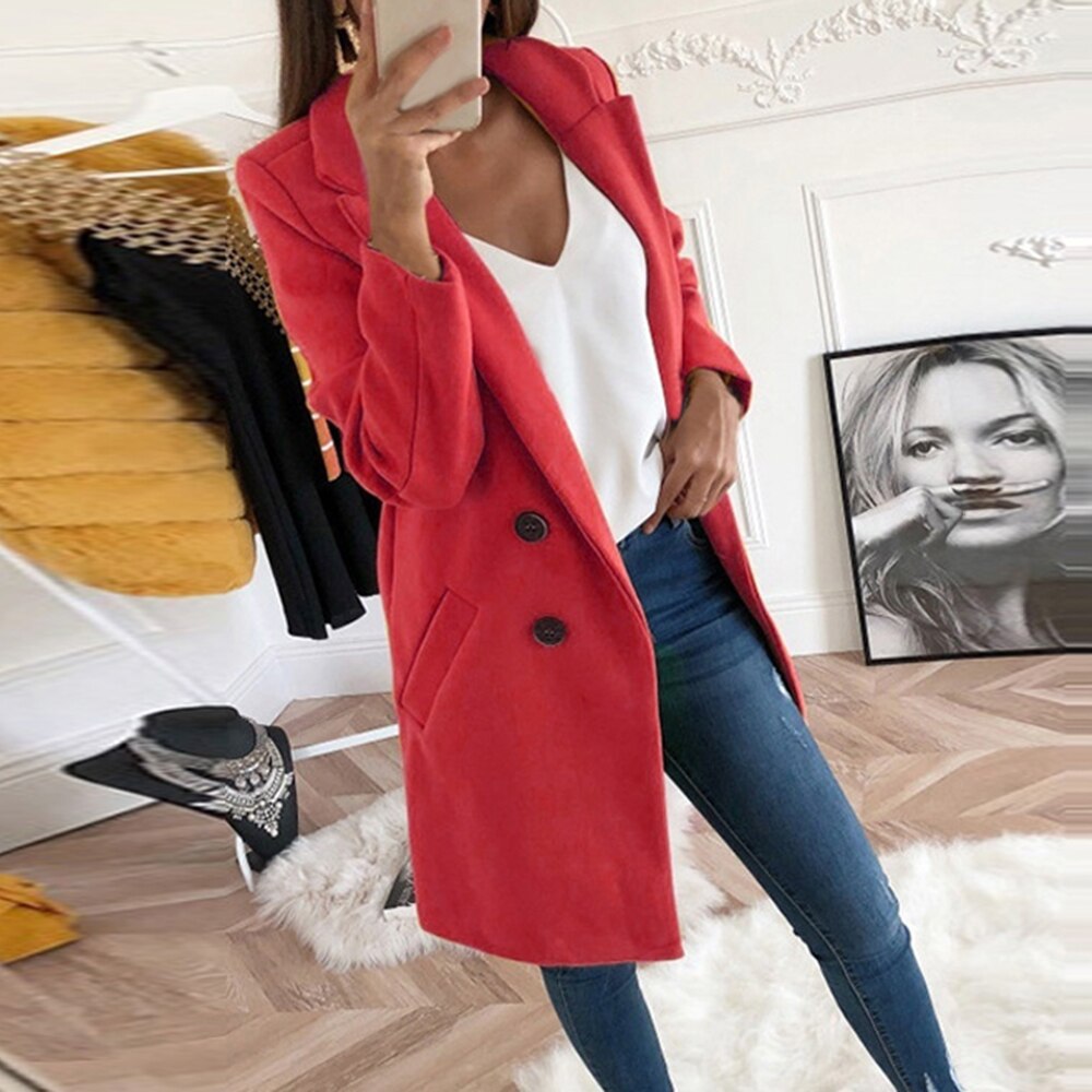 Women's dark orange lapel collar button front coat with front pockets, autumn layering piece