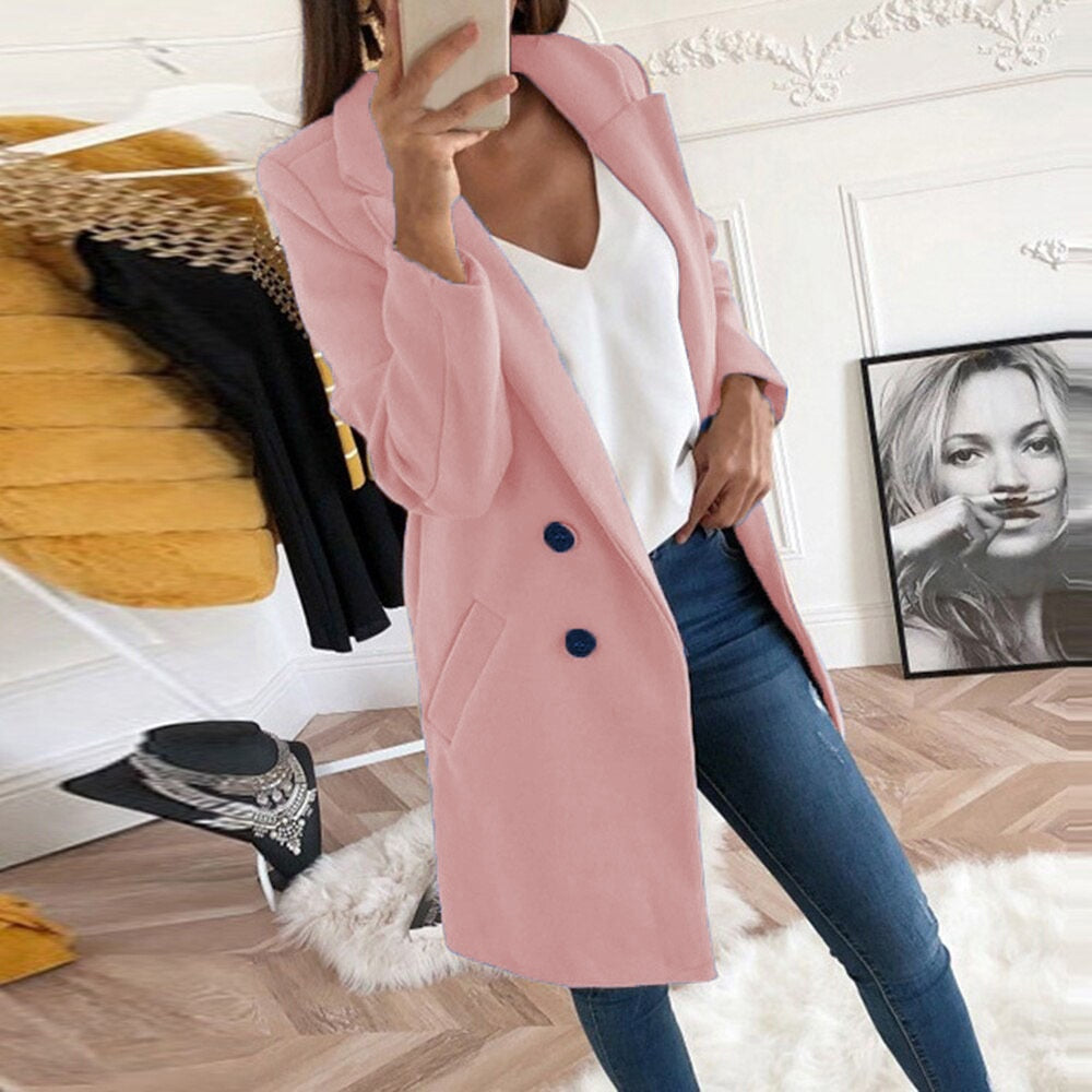 Women's dark orange lapel collar button front coat with front pockets, autumn layering piece
