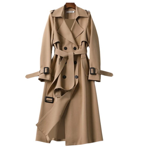 Women's khaki double-breasted trench coat with a structured silhouette