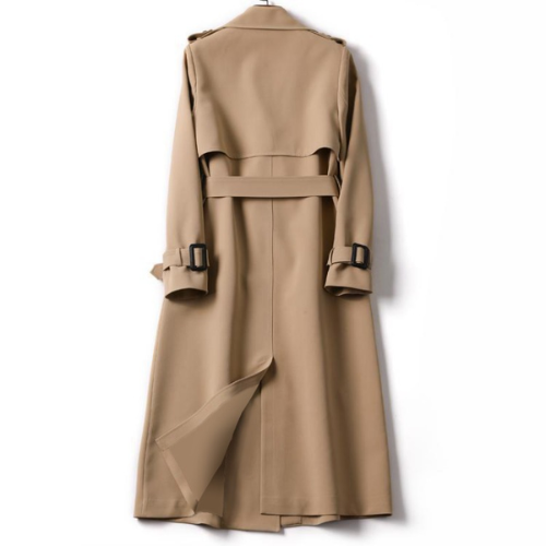 Women's khaki double-breasted trench coat with a structured silhouette