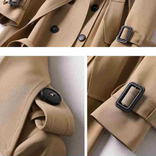 Women's khaki double-breasted trench coat with a structured silhouette