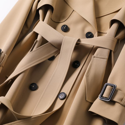 Women's khaki double-breasted trench coat with a structured silhouette
