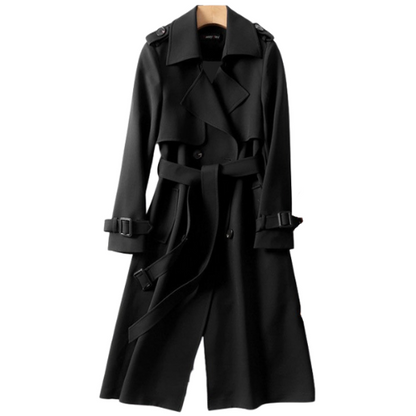 Women's khaki double-breasted trench coat with a structured silhouette