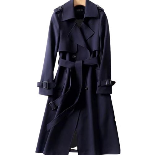 Women's khaki double-breasted trench coat with a structured silhouette