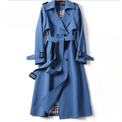Women's black double-breasted trench coat with a structured silhouette