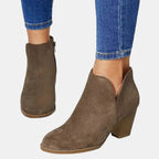 Suede ankle boots with block heel and side zip, product still life