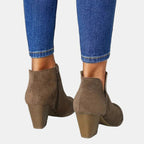 Suede ankle boots with block heel and side zip, product still life