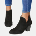 Suede ankle boots with block heel and side zip, product still life