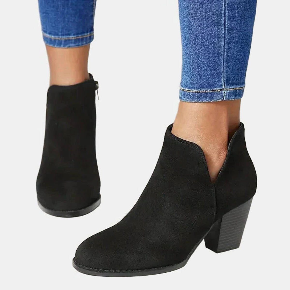 Suede ankle boots with block heel and side zip, product still life