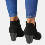 Suede ankle boots with block heel and side zip, product still life