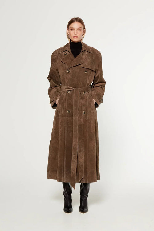 Brown faux suede double-breasted trench coat, front view