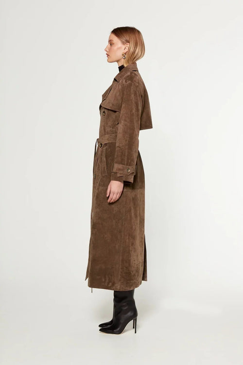 Brown faux suede double-breasted trench coat, back view