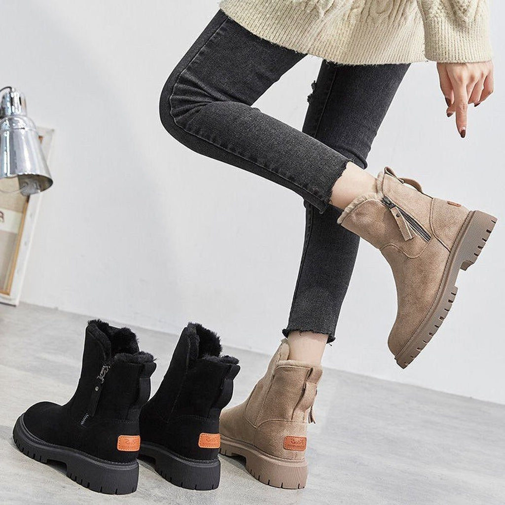 Suede platform ankle boots, slip-on style, product still life