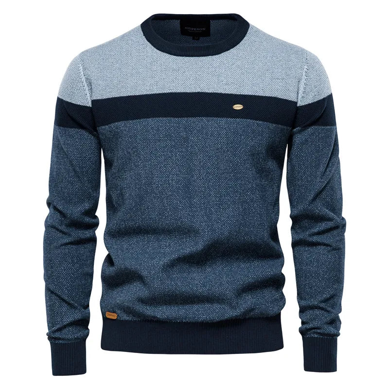 Men's blue classic crew neck knitted jumper for autumn