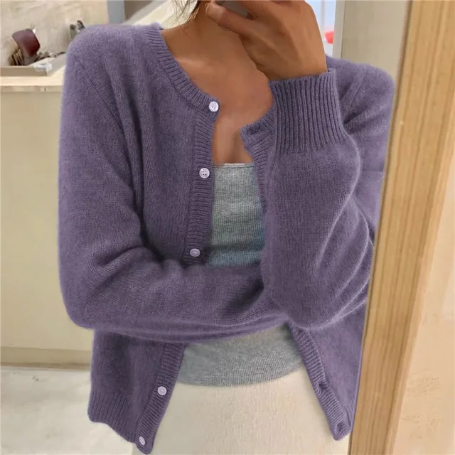 Grey V-neck knit cardigan with a loose fit for transitional layering