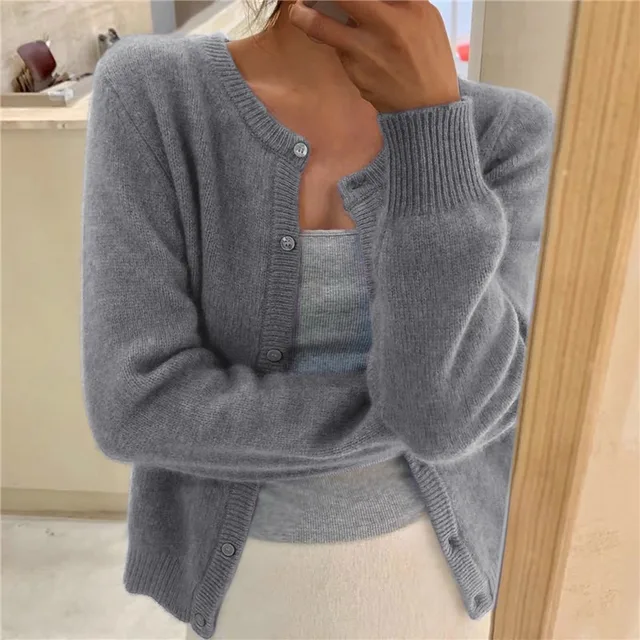 Grey open front knit cardigan with a loose, everyday fit for layering