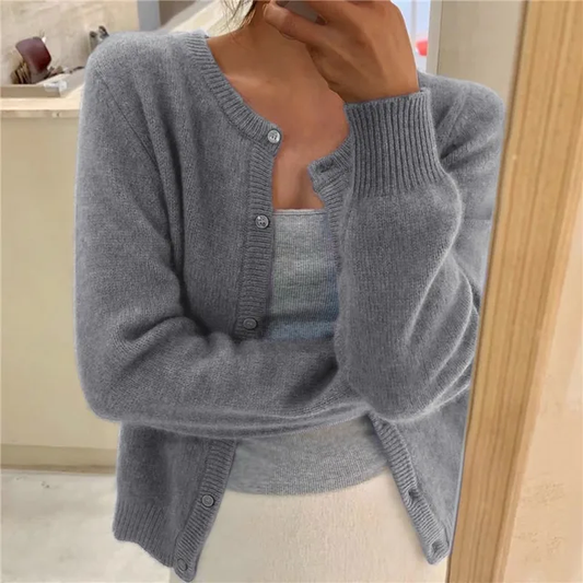 Grey open front knit cardigan with a loose, everyday fit for layering