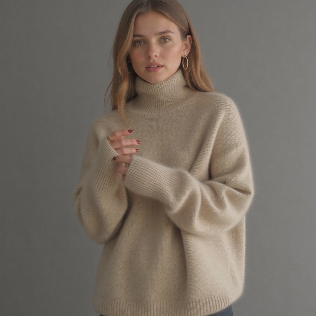 Beige oversized cashmere roll neck jumper with an oversized, cosy drape