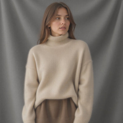 Beige oversized cashmere roll neck jumper with an oversized, cosy drape