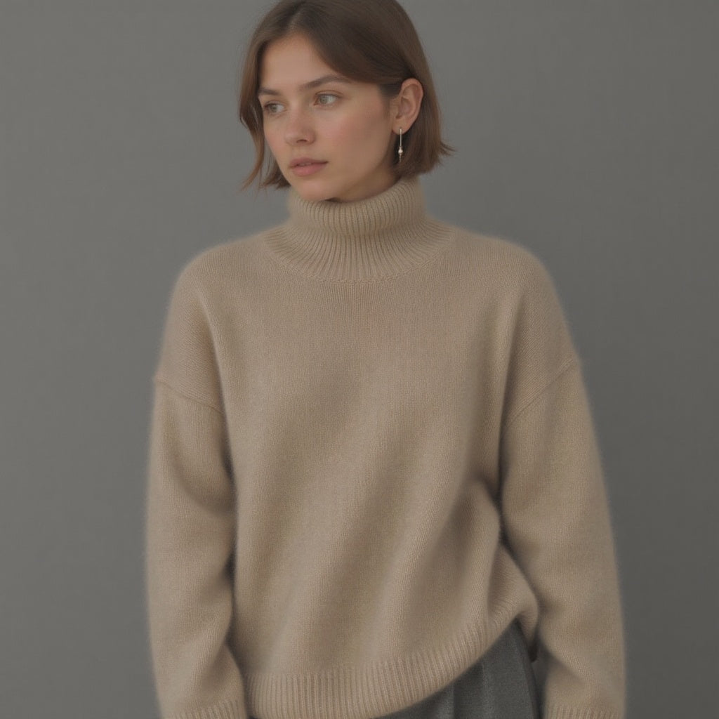 Beige oversized cashmere roll neck jumper with an oversized, cosy drape