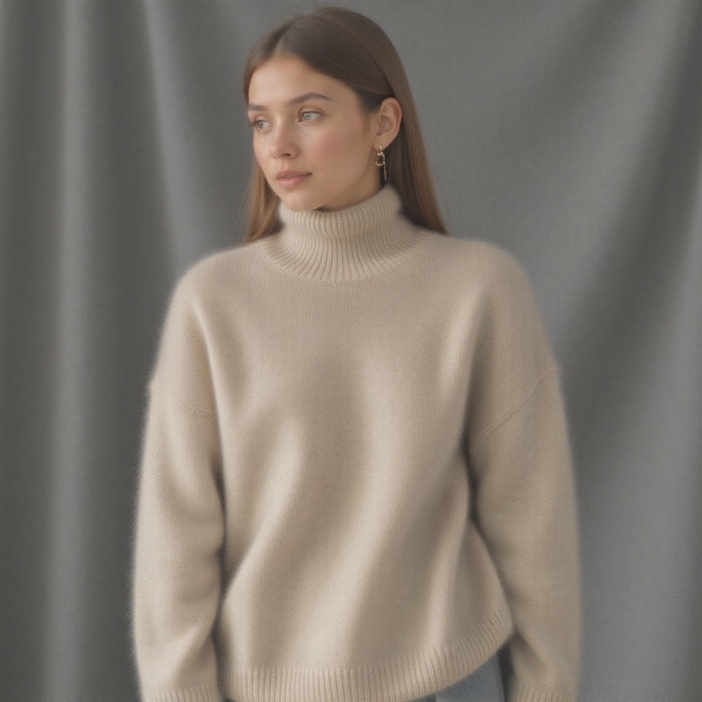 Beige oversized cashmere roll neck jumper with an oversized, cosy drape