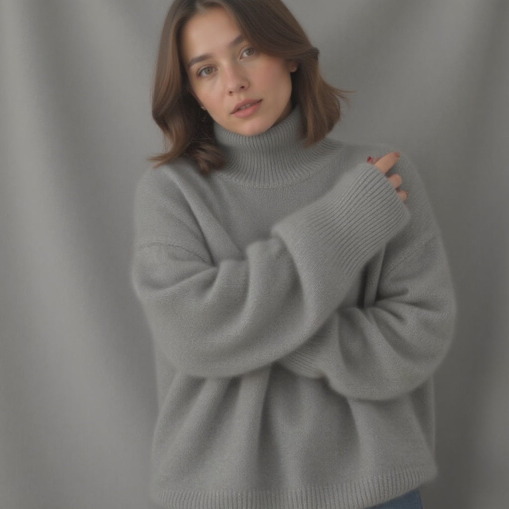 Beige oversized cashmere roll neck jumper with an oversized, cosy drape
