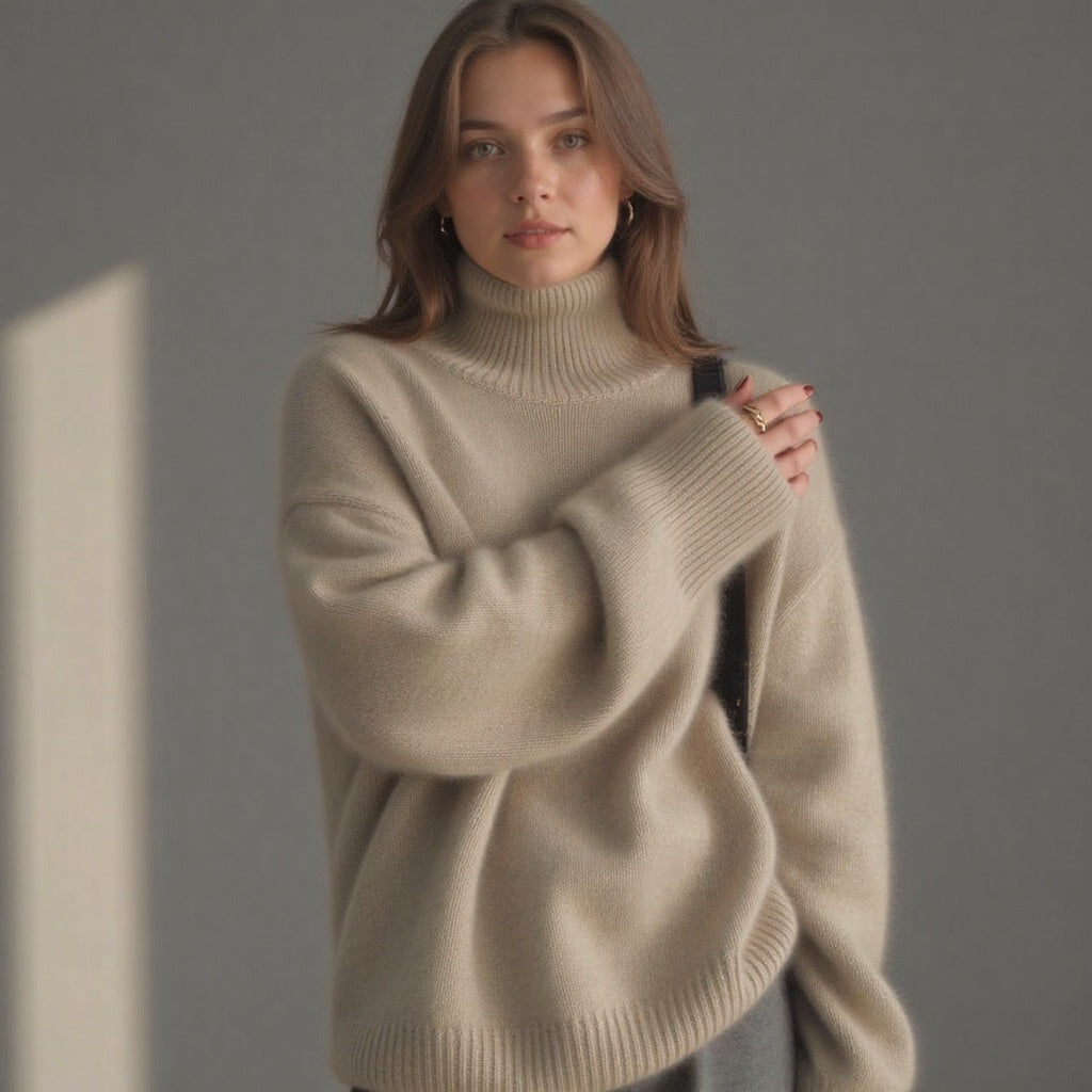 Khaki oversized cashmere roll neck jumper with an oversized, cosy drape