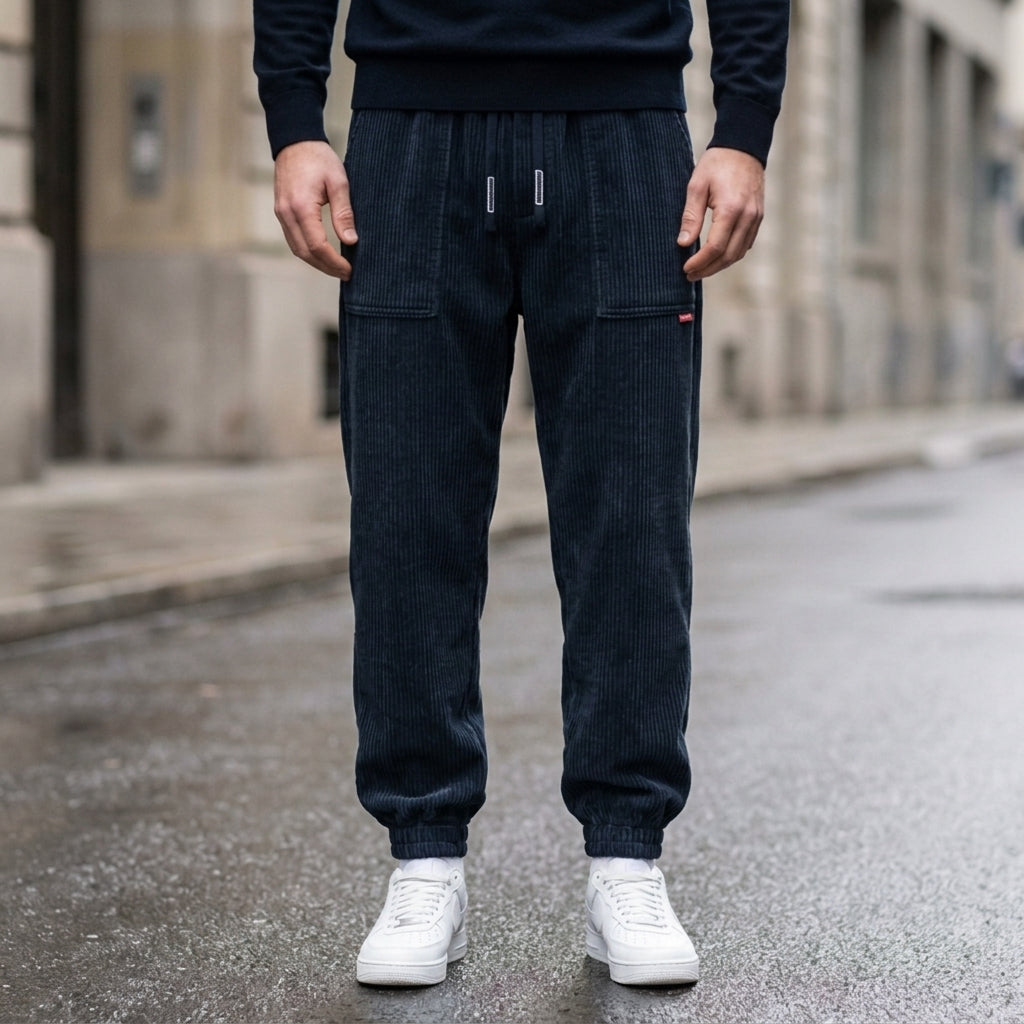 Men's mustard yellow corduroy joggers with a tapered fit and cuffed hem