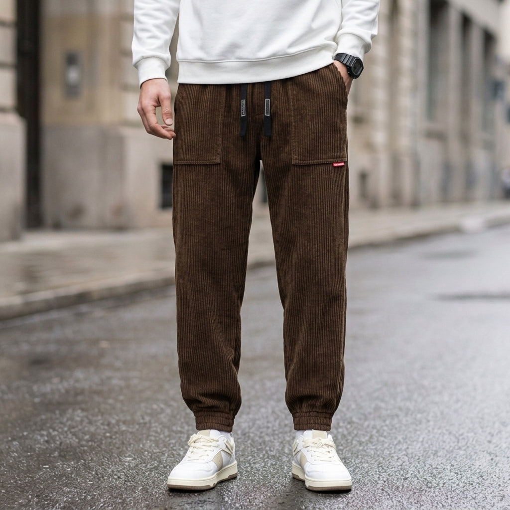 Men's mustard yellow corduroy joggers with a tapered fit and cuffed hem