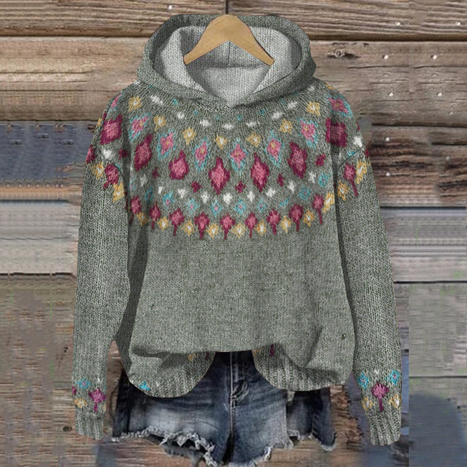Women's Grey Patterned Knit Pullover Hoodie