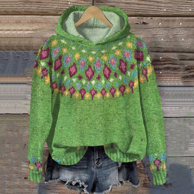 Women's Green Patterned Knit Pullover Hoodie
