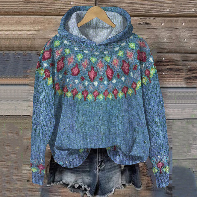 Women's Blue Patterned Knit Pullover Hoodie