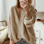 Women's beige oversized fluffy brushed knit cardigan