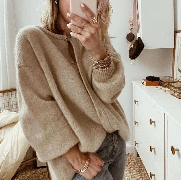 Women's taupe oversized fluffy brushed knit cardigan