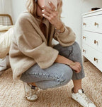 Women's taupe oversized fluffy brushed knit cardigan