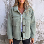 Women's sage green teddy fleece shacket with chest pockets