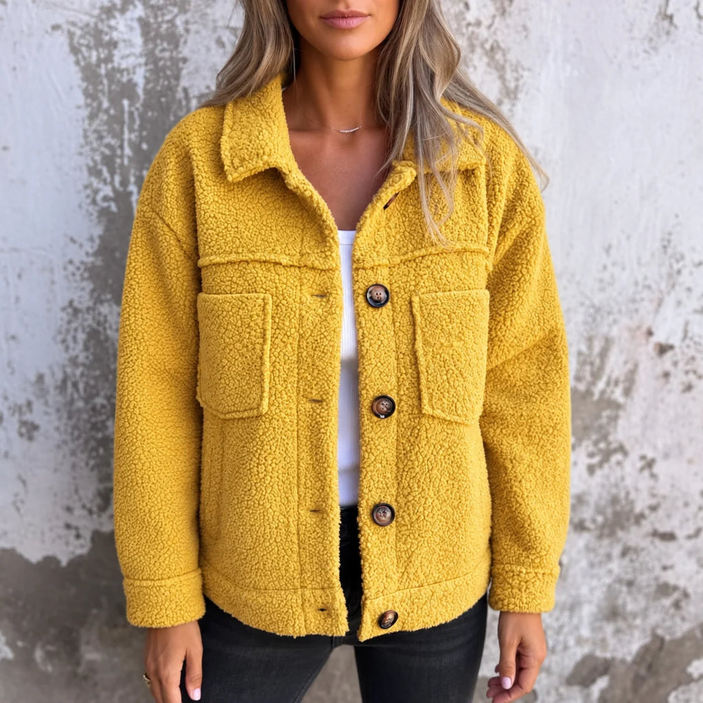 Women's mustard teddy fleece shacket with chest pockets