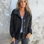 Women's black teddy fleece shacket with chest pockets