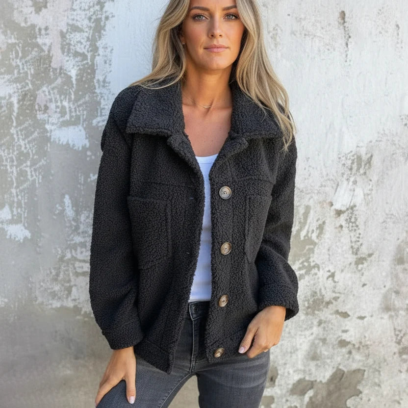 Women's black teddy fleece shacket with chest pockets