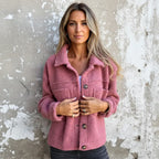 Women's dusty rose teddy fleece shacket with chest pockets