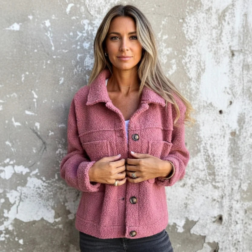 Women's dusty rose teddy fleece shacket with chest pockets