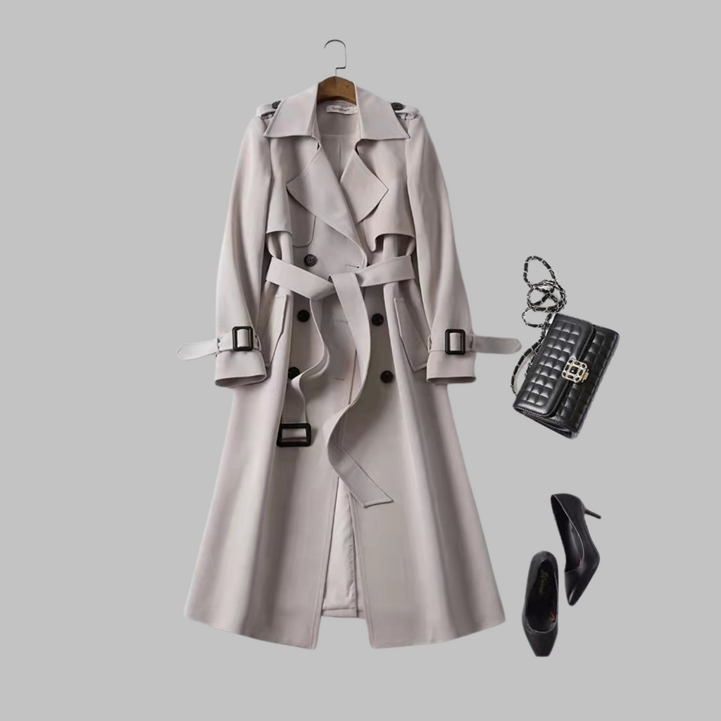 Women's Beige Belted Autumn Trench Coat, Knee-Length