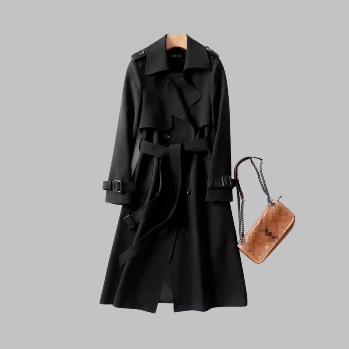 Women's Black Belted Autumn Trench Coat, Knee-Length