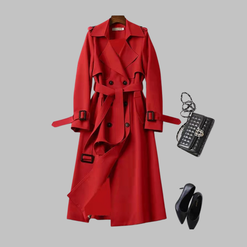 Women's Red Belted Autumn Trench Coat, Knee-Length