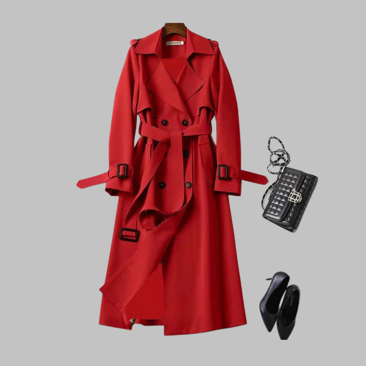Women's Red Belted Autumn Trench Coat, Knee-Length