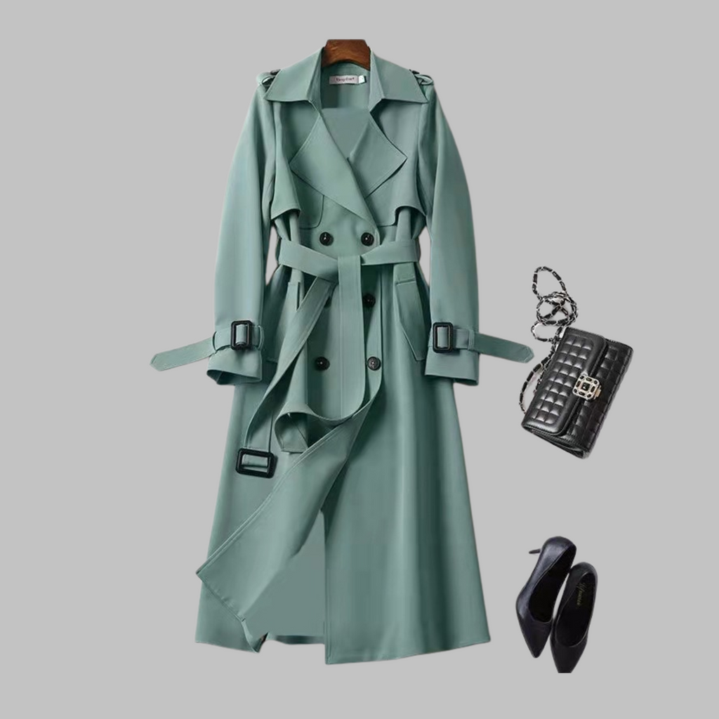 Women's Green Belted Autumn Trench Coat, Knee-Length