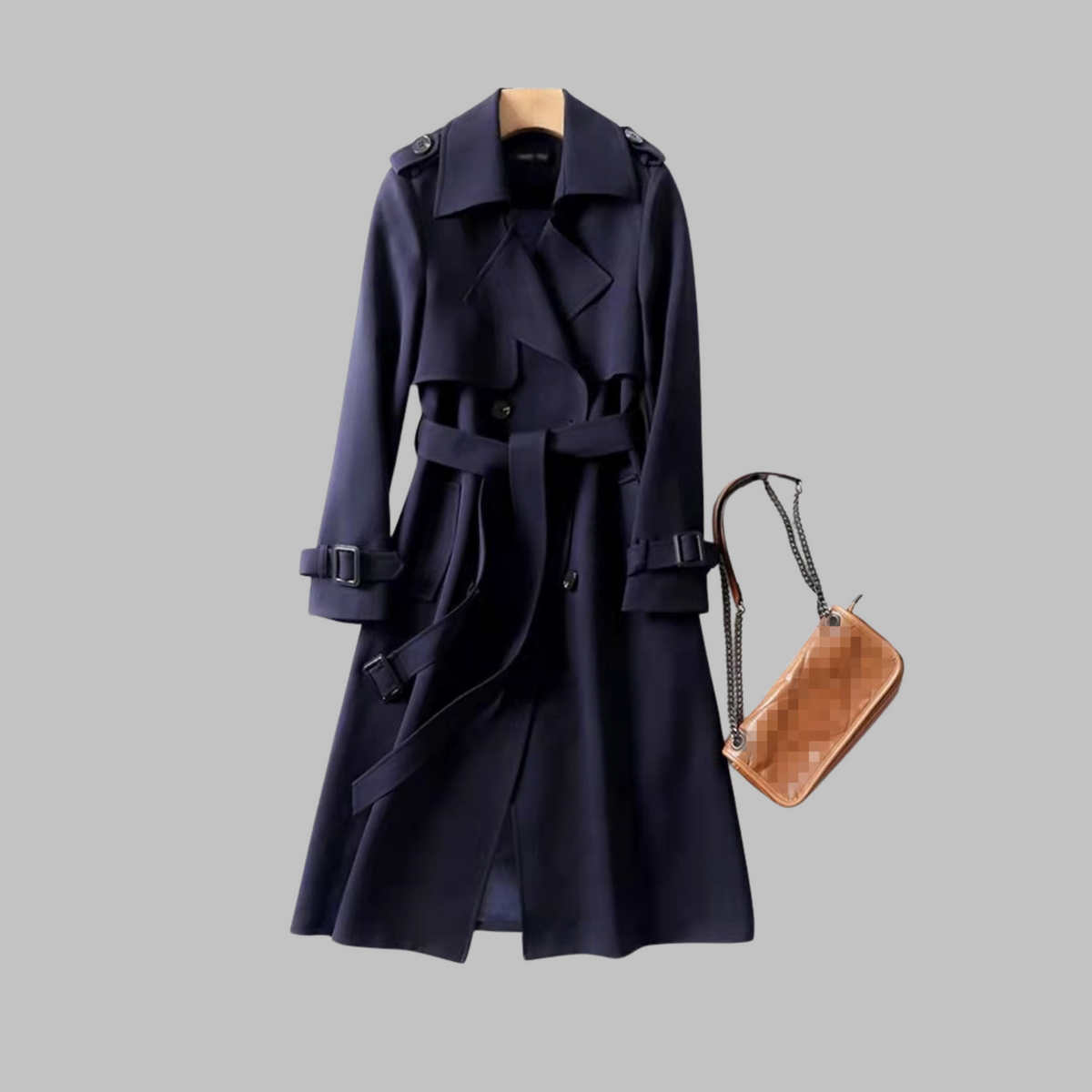 Women's Navy Blue Belted Autumn Trench Coat, Knee-Length