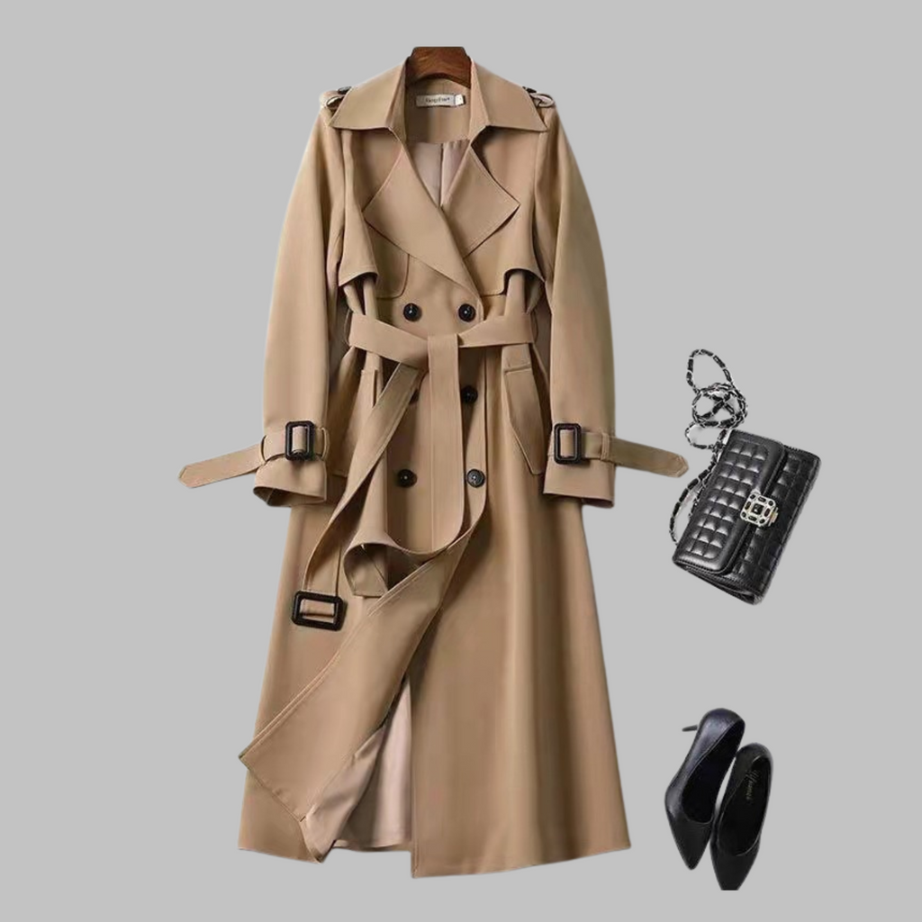 Women's Khaki Belted Autumn Trench Coat, Knee-Length