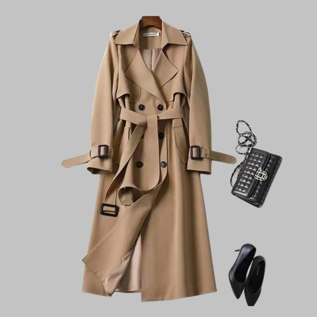Women's Khaki Belted Autumn Trench Coat, Knee-Length
