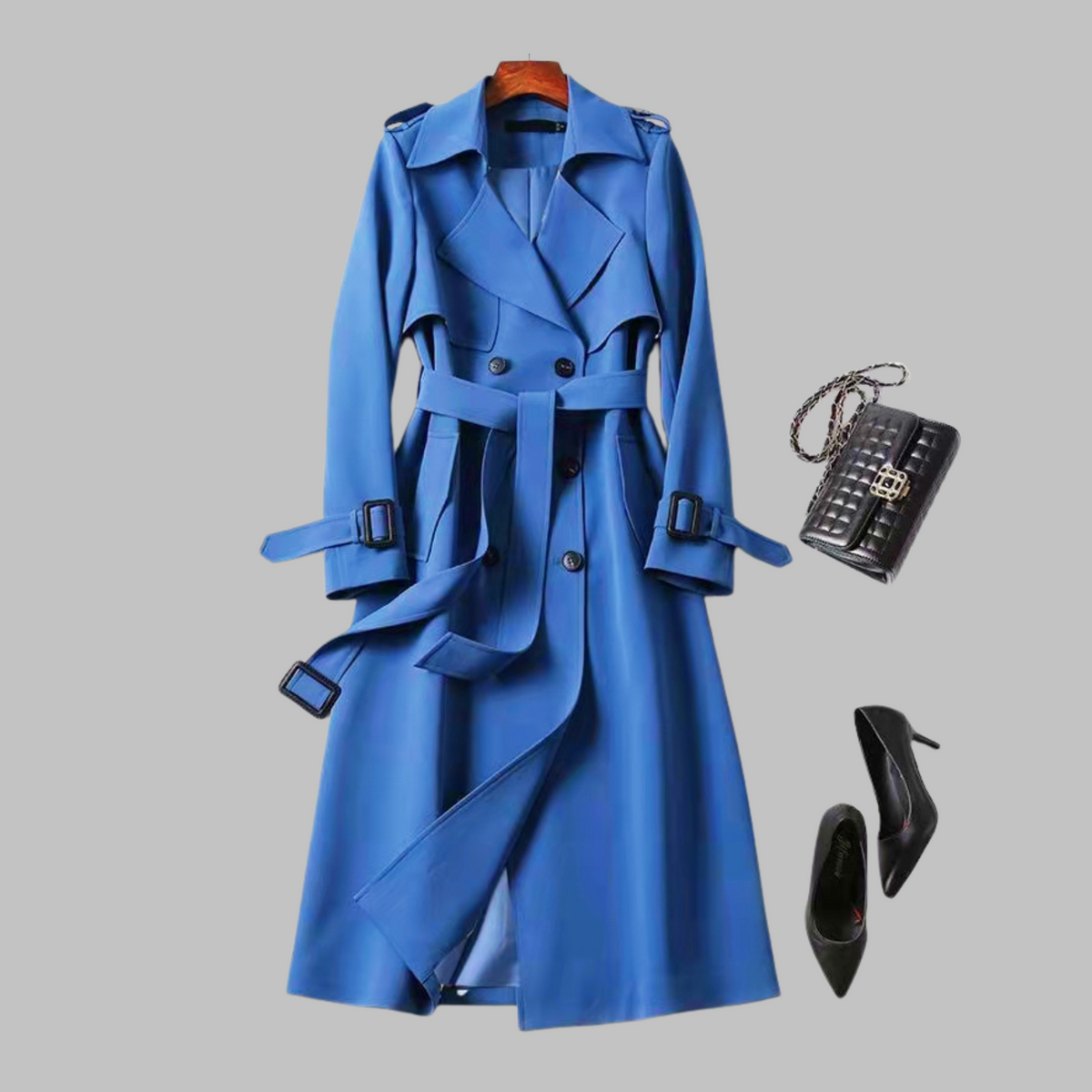 Women's Blue Belted Autumn Trench Coat, Knee-Length